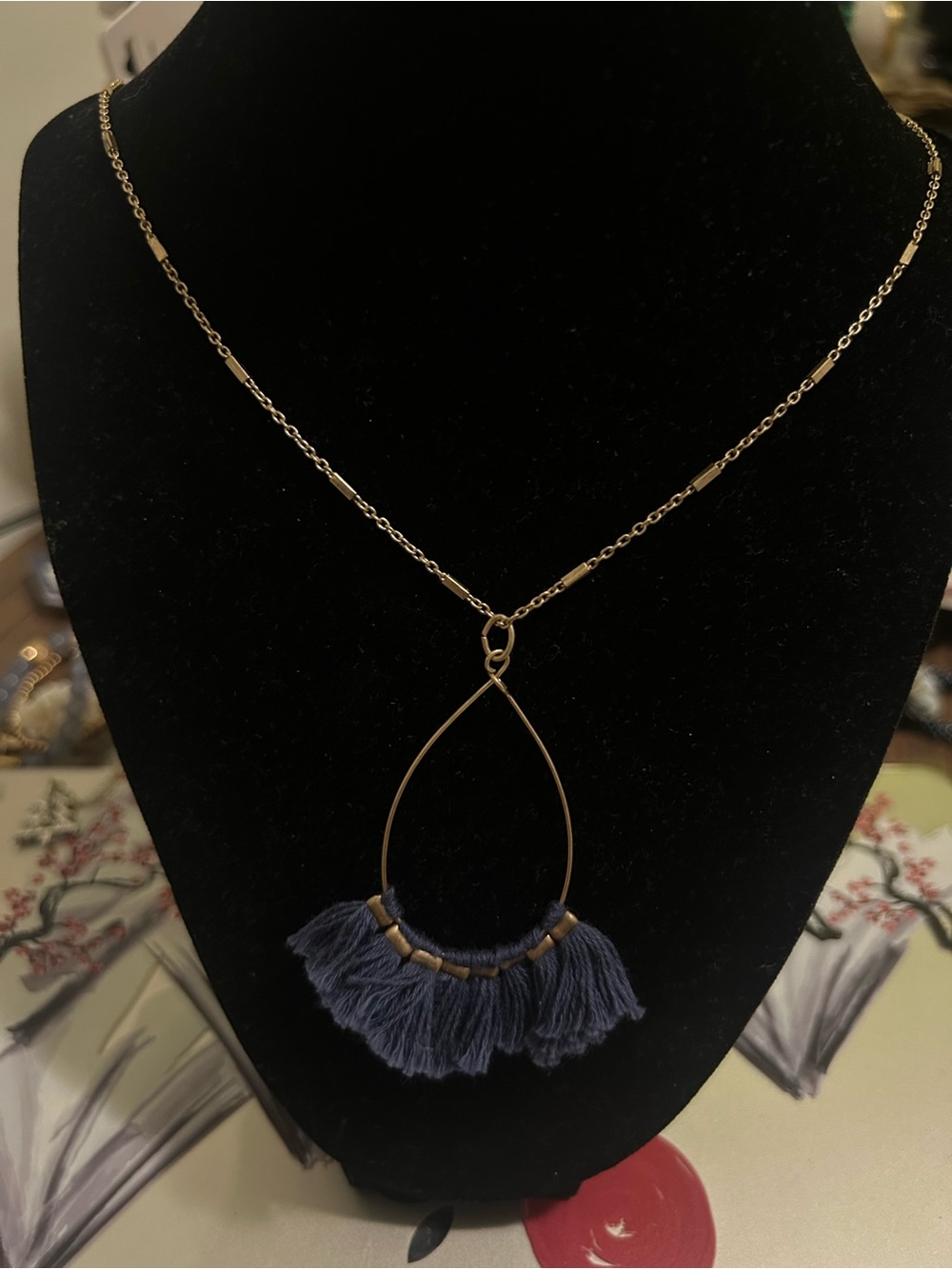 Boho Gold Teardrop Navy Fringe Pendant Necklace - Women Jewelry